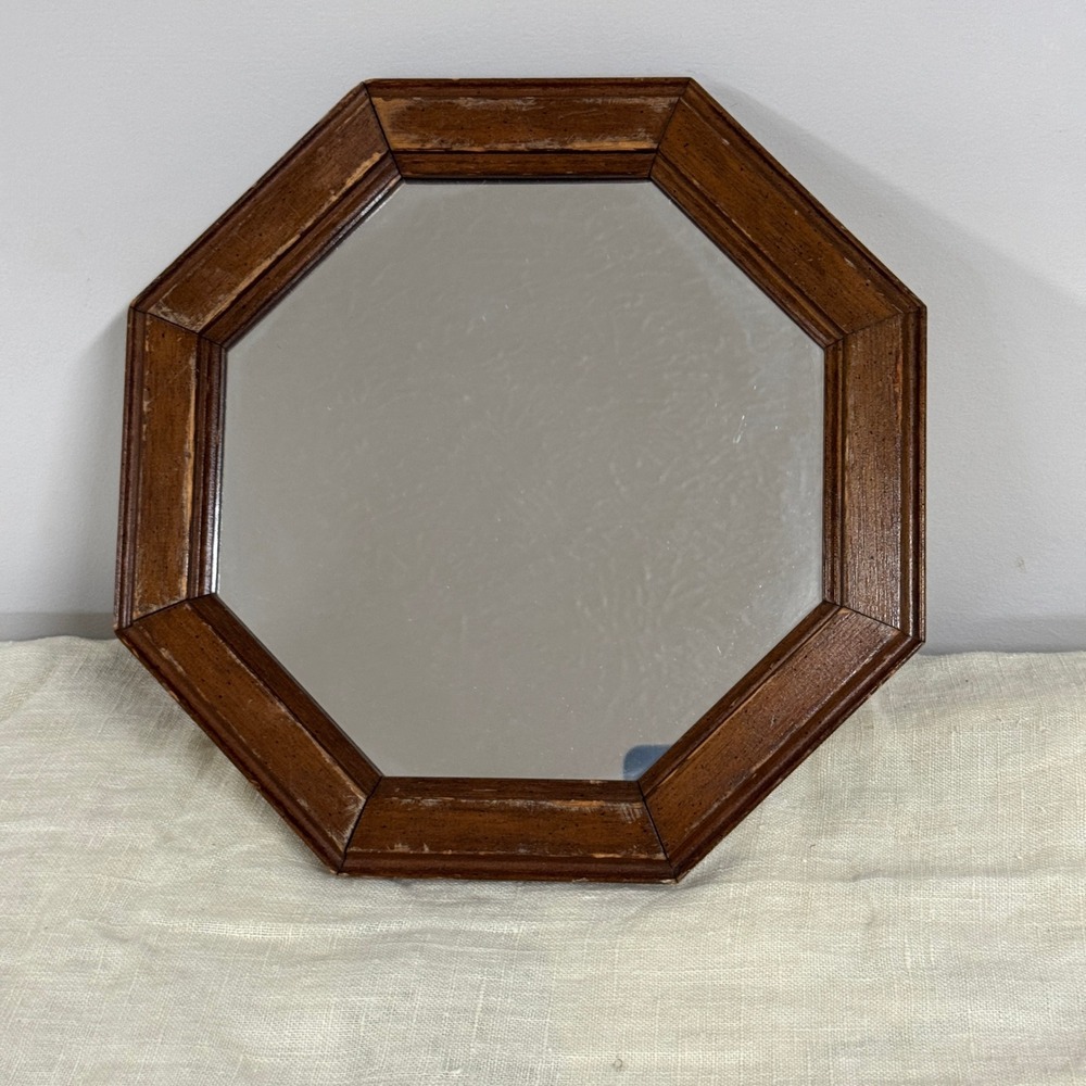 Vintage Octagon Wood Gallery Wall Mirror Brown Geometric 11.25 Inch Frame Decor